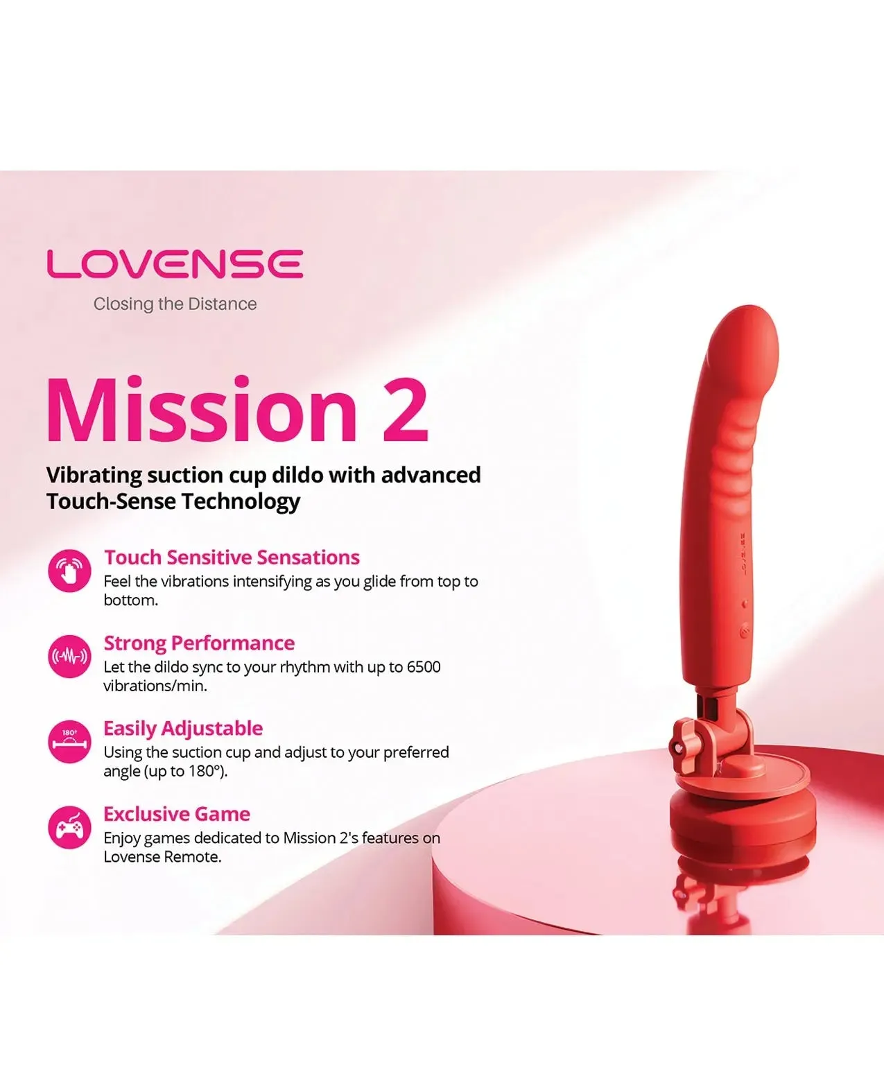 Lovense Mission 2 Bluetooth Suction Cup Dildo Sex Toy Touch-Sensitive Tech - Red
