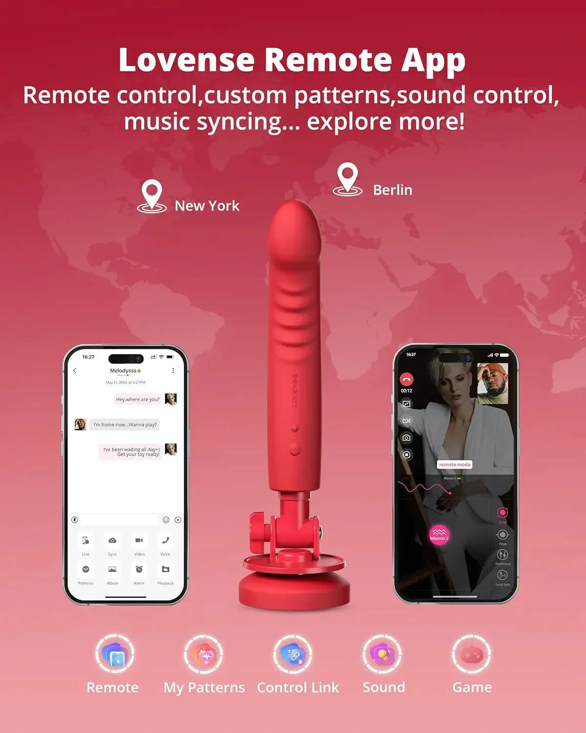 Lovense Mission 2 Bluetooth Suction Cup Dildo Sex Toy Touch-Sensitive Tech - Red