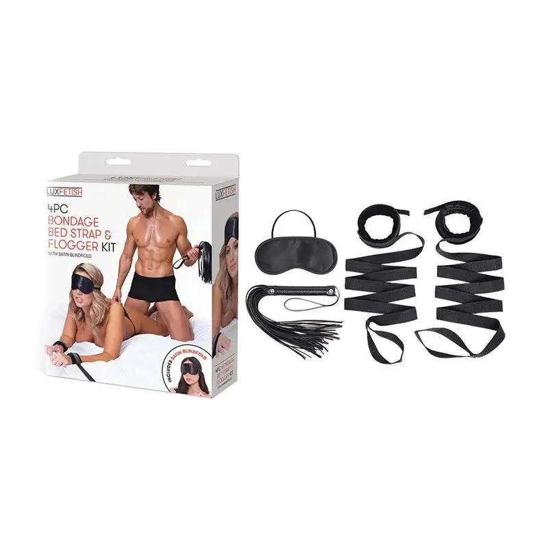 Lux Fetish Bondage Bed Restraint Strap and Flogger 4-Piece BDSM Kit