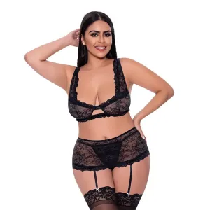 Magic Silk Ooh La Lace Bralette. Garter Skirt & G-String Set Black Queen