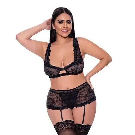Magic Silk Ooh La Lace Bralette. Garter Skirt & G-String Set Black Queen