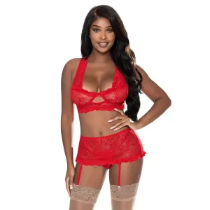 Magic Silk Ooh La Lace Bralette. Garter Skirt & G-String Set Red S/M