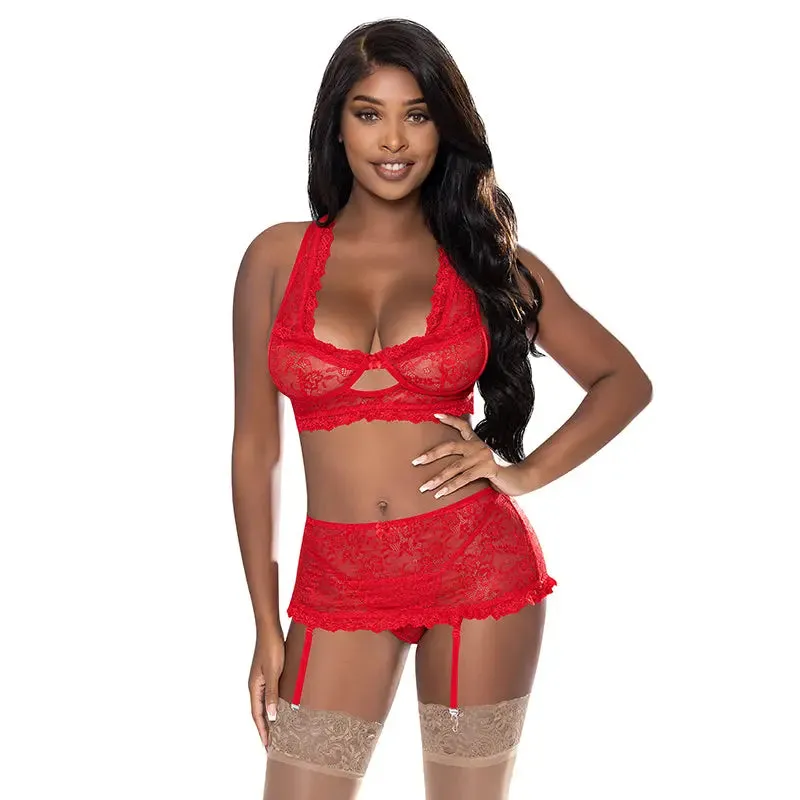 Magic Silk Ooh La Lace Bralette. Garter Skirt & G-String Set Red S/M