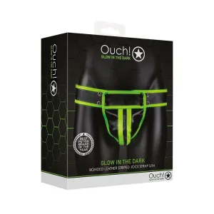 Ouch! Glow in the Dark Bonded Leather Striped Jock Strap Neon Green S/M