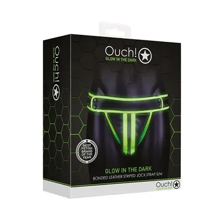 Ouch! Glow in the Dark Bonded Leather Striped Jockstrap Neon Green S/M