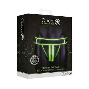 Ouch! Glow in the Dark Bonded Leather Striped Jockstrap Neon Green S/M