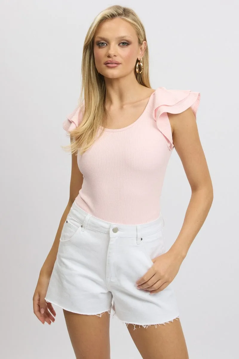 Pink Bodysuit Ruffle Sleeve Textured