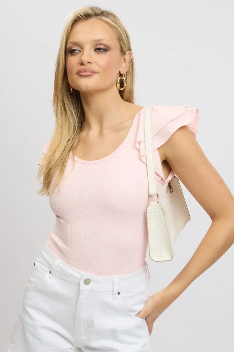 Pink Bodysuit Ruffle Sleeve Textured