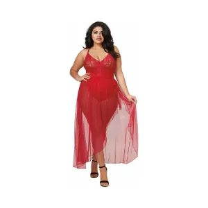Plus Size Lingerie Teddy & Sheer Mesh Maxi Skirt With G-String Red Queen 2X