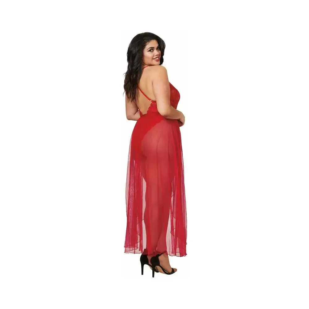 Plus Size Lingerie Teddy & Sheer Mesh Maxi Skirt With G-String Red Queen 2X