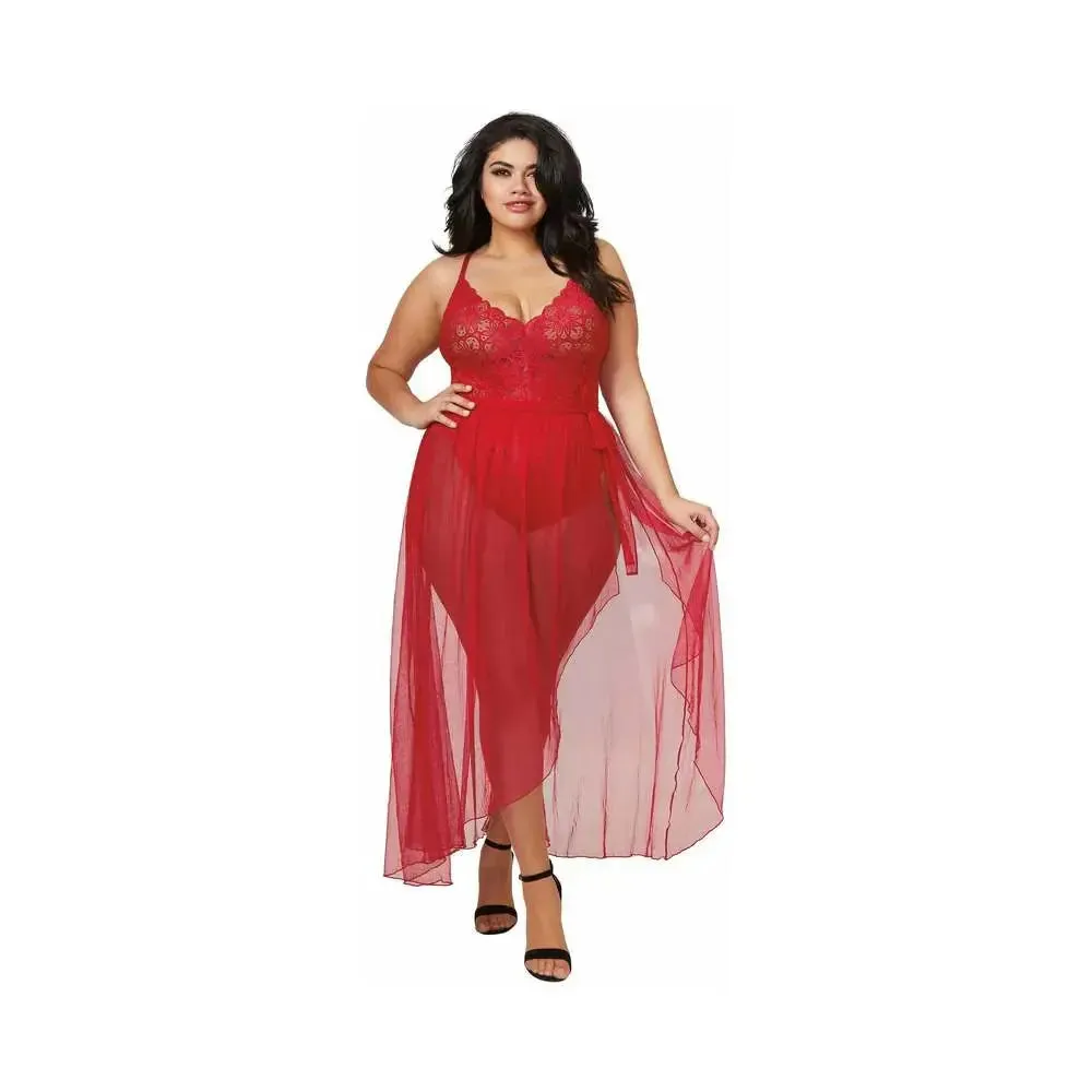 Plus Size Lingerie Teddy & Sheer Mesh Maxi Skirt With G-String Red Queen 2X