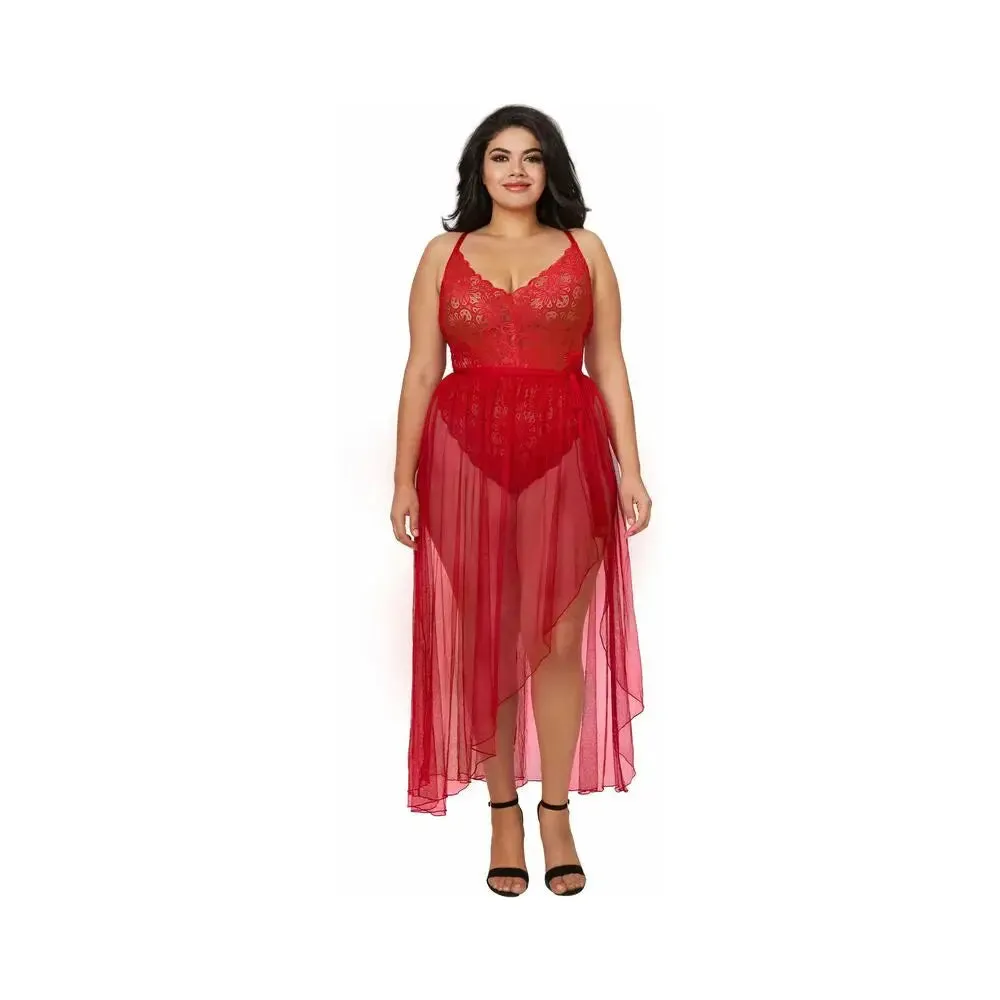 Plus Size Lingerie Teddy & Sheer Mesh Maxi Skirt With G-String Red Queen 2X