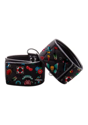 Printed Hand Cuffs - Old School Tattoo Style - Black
