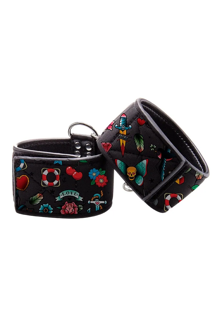 Printed Hand Cuffs - Old School Tattoo Style - Black