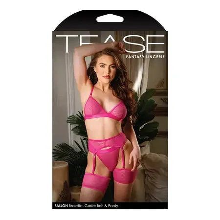 Tease Fallon Bralette. Garter Belt With Leg Garters & Panty Set Pink L/XL