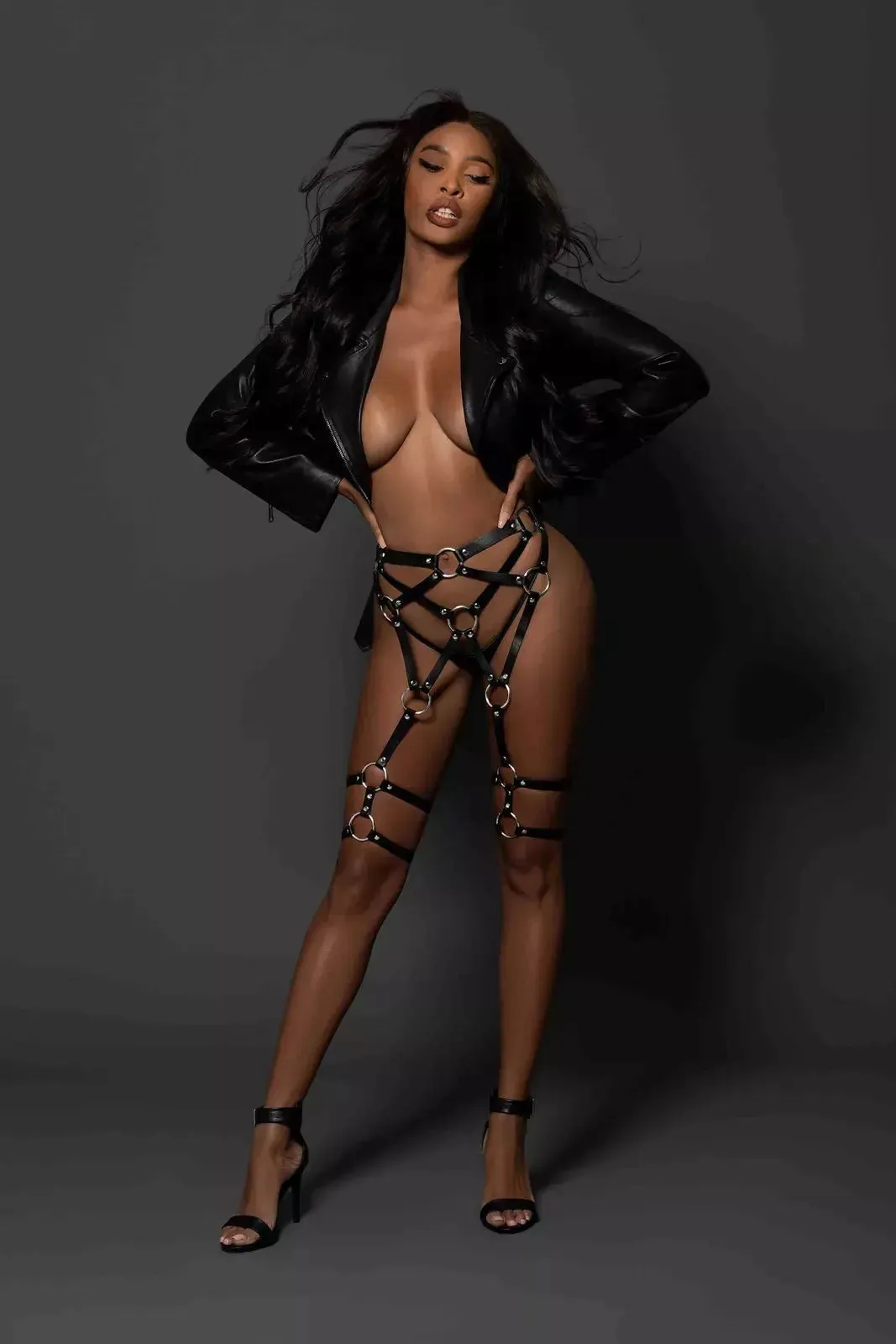 Valentina Black Faux Leather Bondage Leg Harness BDSM Lingerie