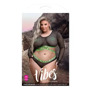 Vibes Fuck Ur Rules UV Reactive Longsleeve Fishnet Top. Panty. Pasties Black Queen