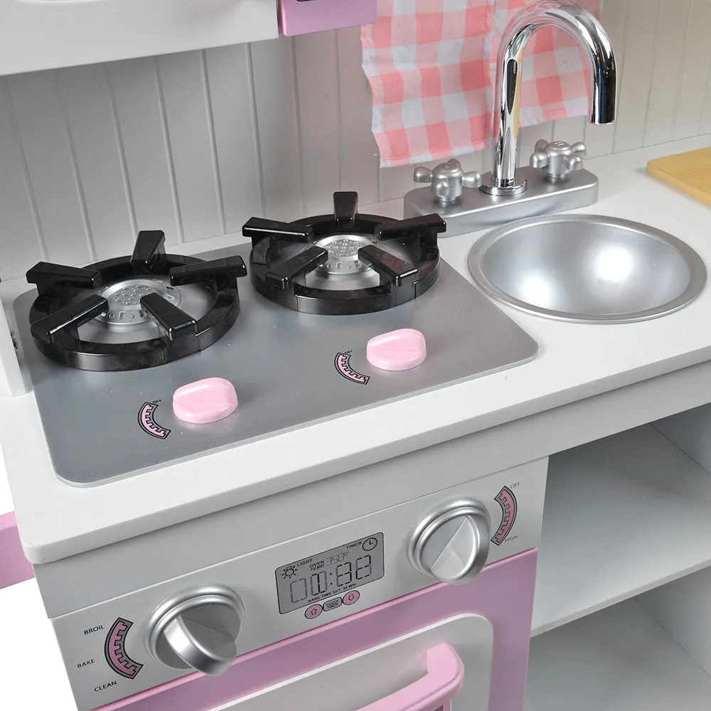 Wooden Play Kitchen with Burners, Sink & Curtains