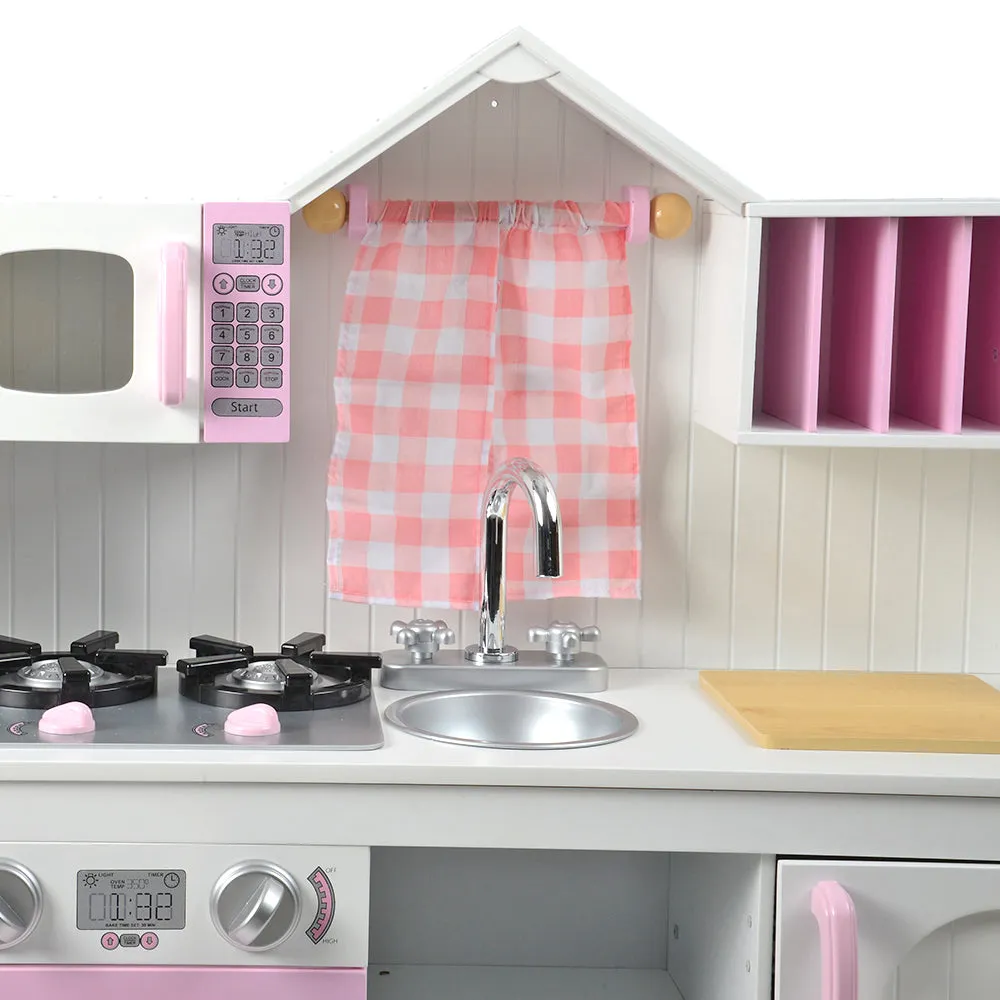 Wooden Play Kitchen with Burners, Sink & Curtains