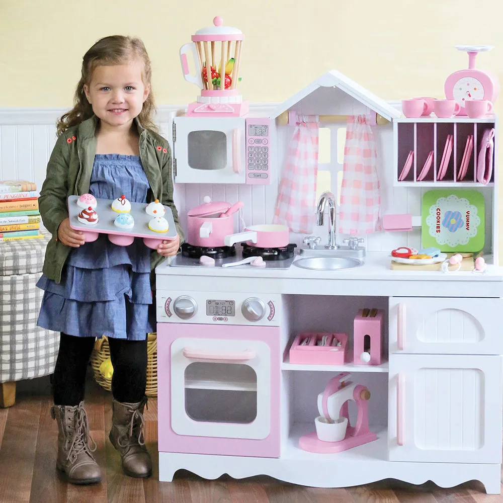 Wooden Play Kitchen with Burners, Sink & Curtains