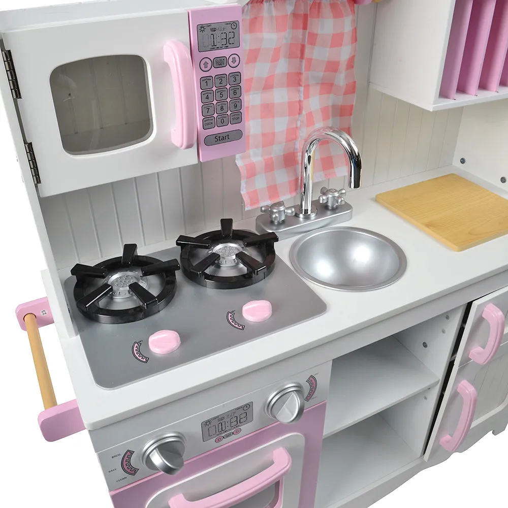 Wooden Play Kitchen with Burners, Sink & Curtains