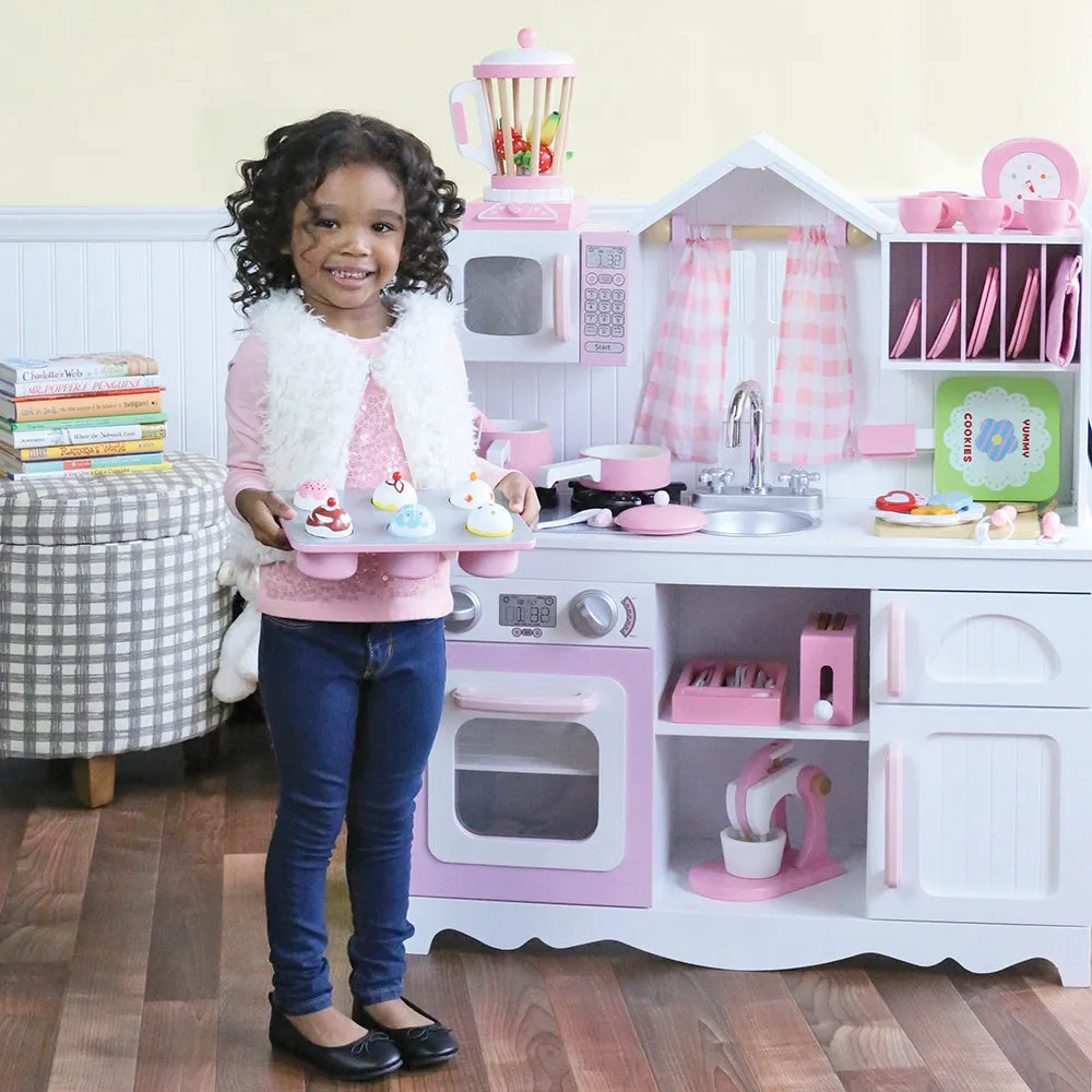 Wooden Play Kitchen with Burners, Sink & Curtains